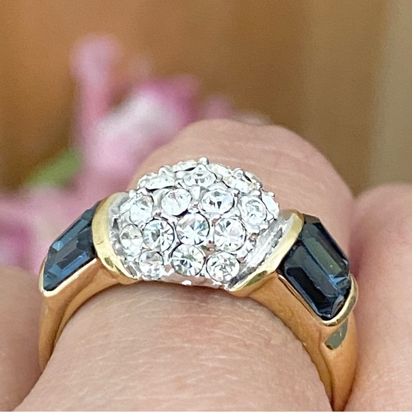 Vintage CZ Stone with Blue Baguette Gold-plated Ring Size 9 - Picture 6 of 14
